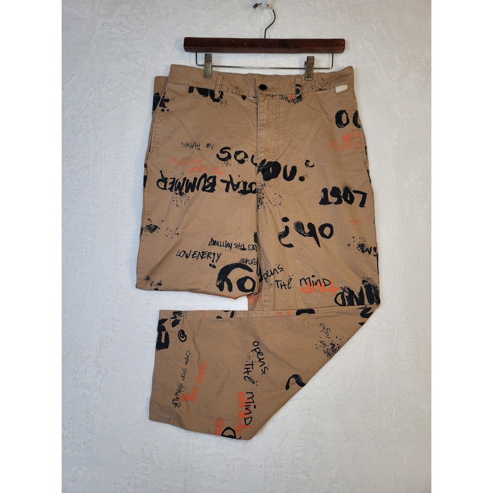 Urban Outfitters Y2K Graffiti Grunge Chino Pants Mens Tan Khaki Relaxed Size M